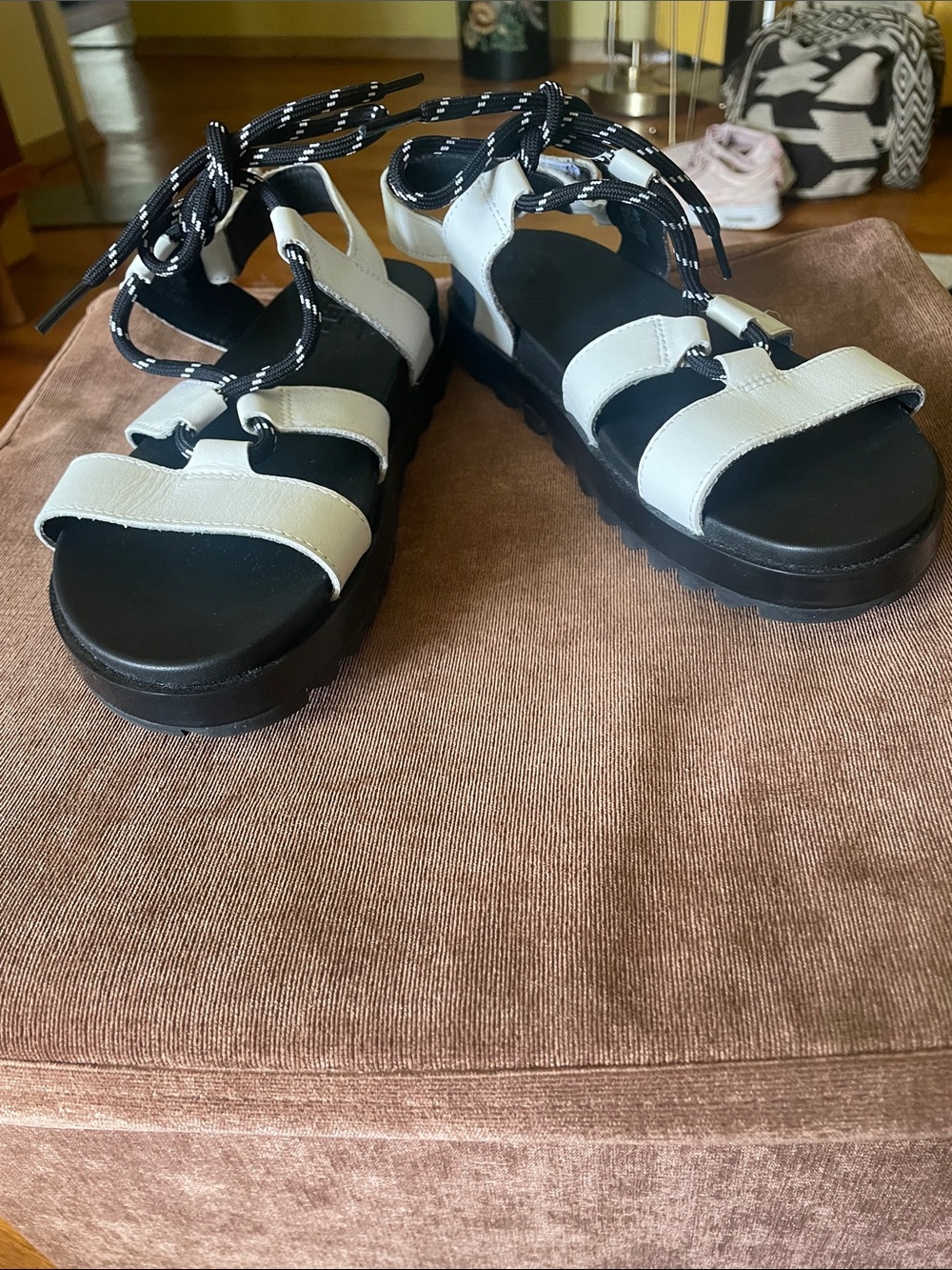 Sorel Women's Roaming Black and White Lace-Up Platform Sandals
